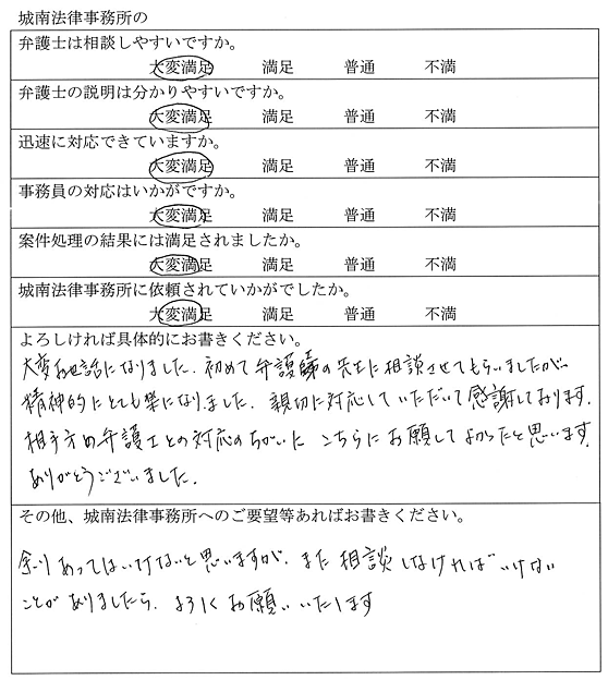 W様｜依頼者の声｜名古屋で弁護士をお探しなら【城南法律事務所】